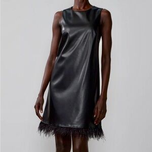 NEW YORK & COMPANY- Sleeveless Feather Trim PU Mini Dress